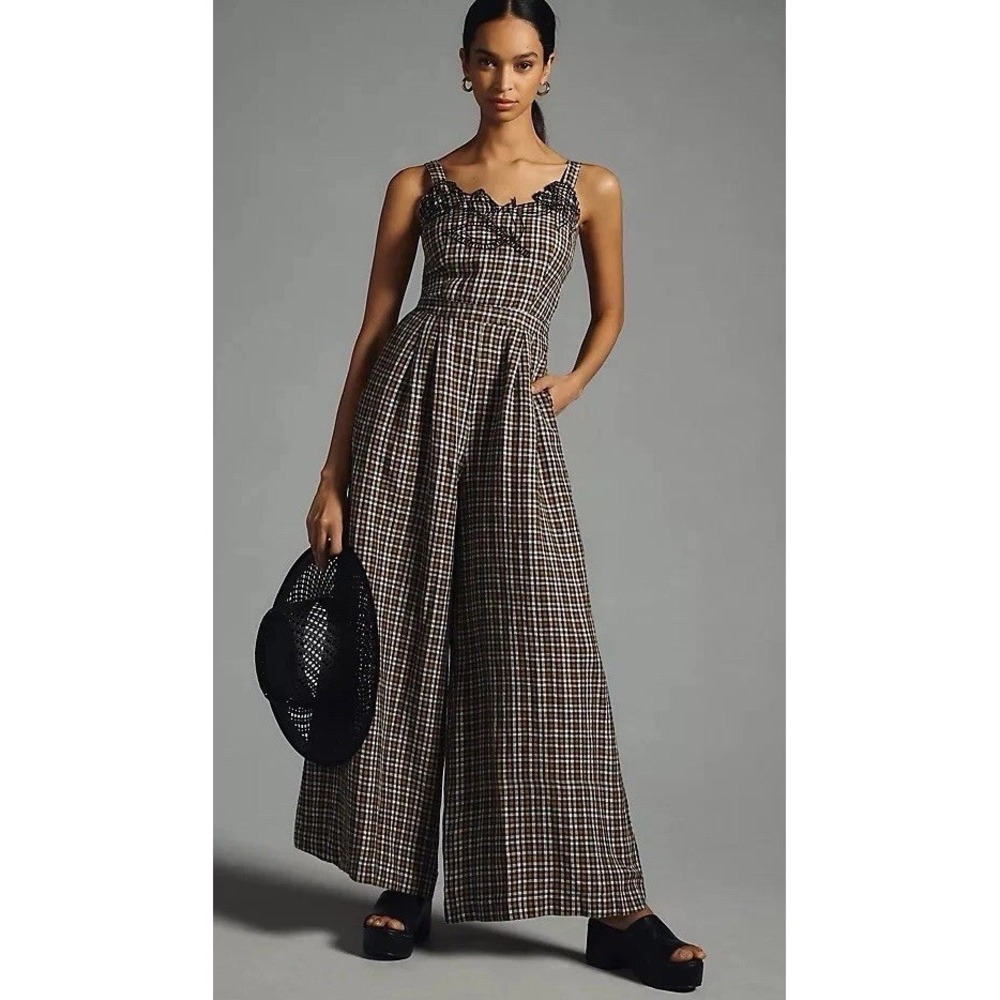Anthropologie Embroidered Jumpsuit Sz 8T Plaid Wide Leg Linen Blend Pockets